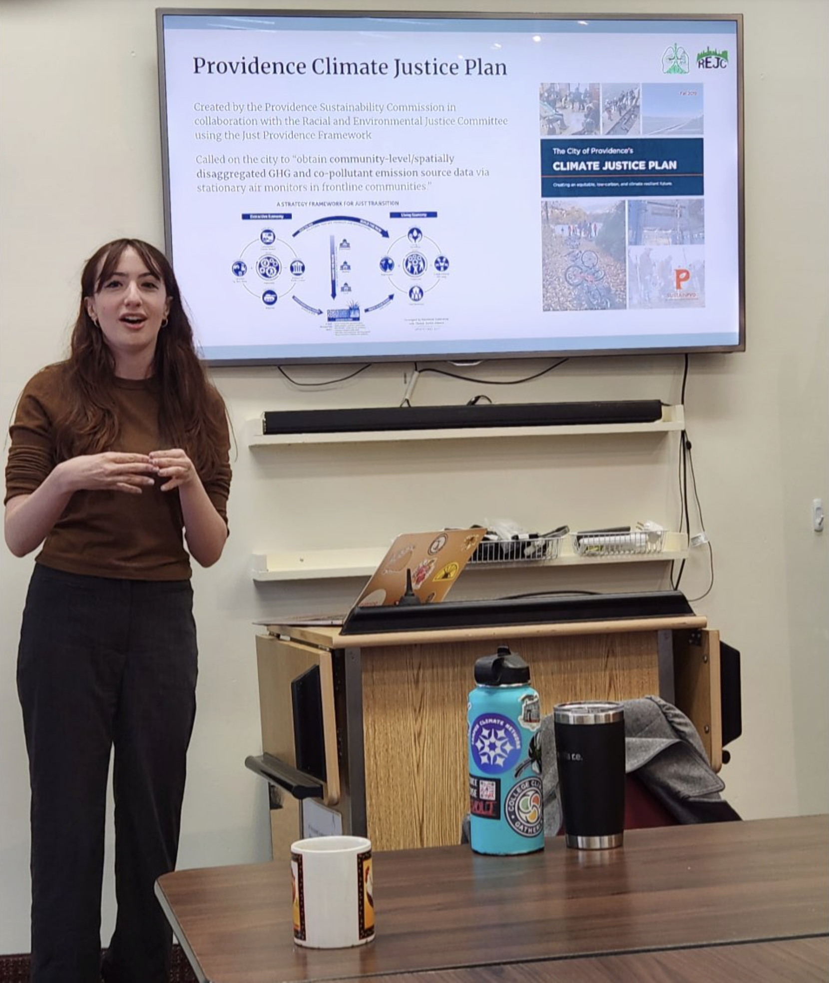 Emma Blankstein ’26 discusses the Providence Climate Justice Plan, which calls for the type of hyperlocal air quality monitoring that Breathe Providence performs. Photo courtesy of Hamilton House.