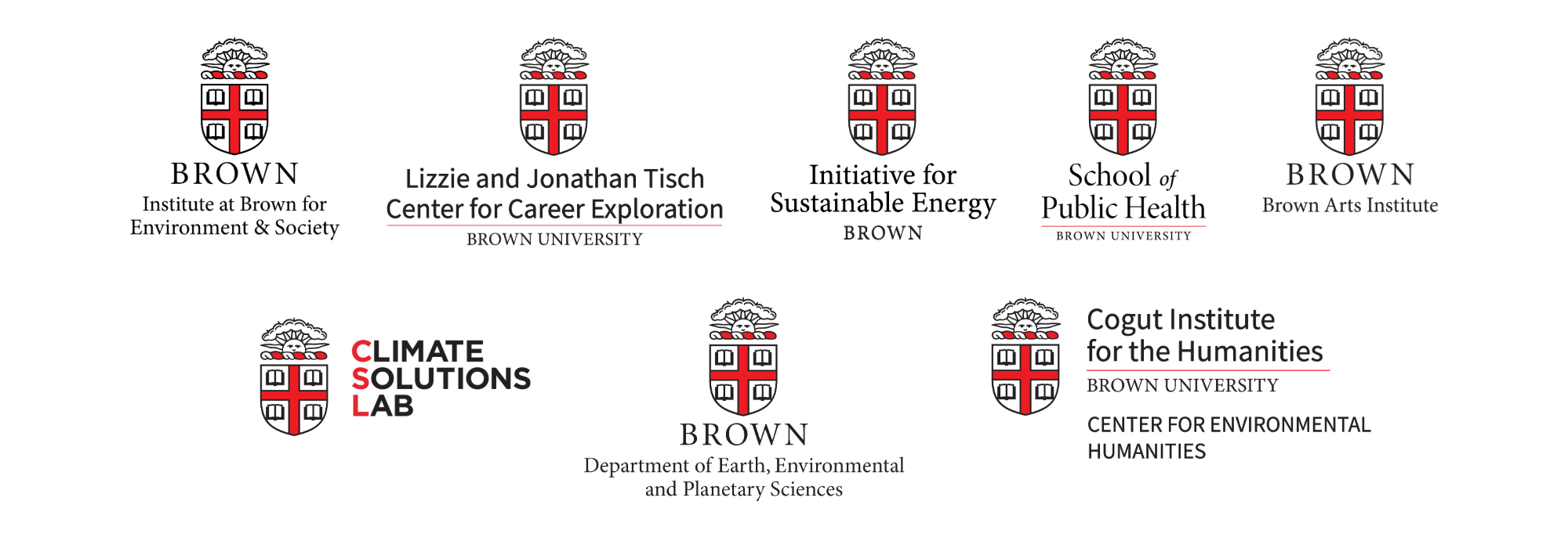 Logos: Institute at Brown for Environment and Society, Center for Career Exploration, Initiative for Sustainable Energy, School of Public Health, Brown Arts Institute, Climate Solutions Lab, DEEPS, Cogut Institute Center for Environmental Humanities
