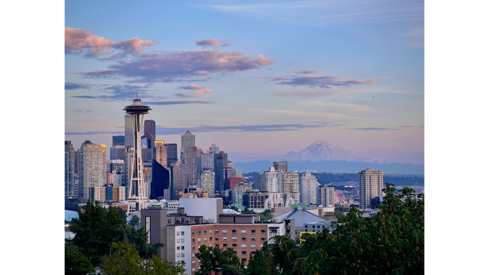 Sunset overlooking Mount Rainier and the Seattle Space Needle